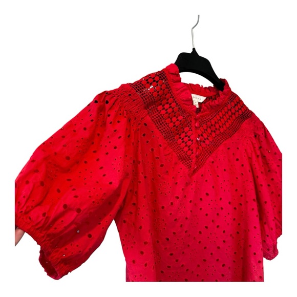 ADIVA Top Womens Medium Red Blouse Ruffle Crochet Puffy arms - Picture 2 of 8